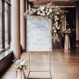Poster Toile bleu clair et Baby shower en cou Bienvenue