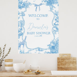 Poster Toile Bleue Bleue de Jouy Ours Bébé Bienvenue