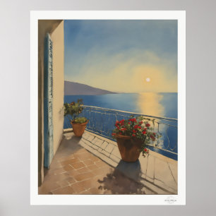 Poster Toile Terrasse au coucher du soleil, vue sur la me