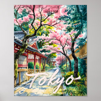 Poster Tokyo Cerisier Aquarelle Japon Traditionnel 