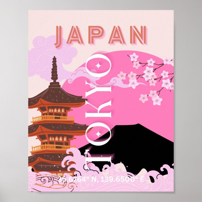 Poster Tokyo Japan Travel Art, Retro Travel Art, Rose (Devant)