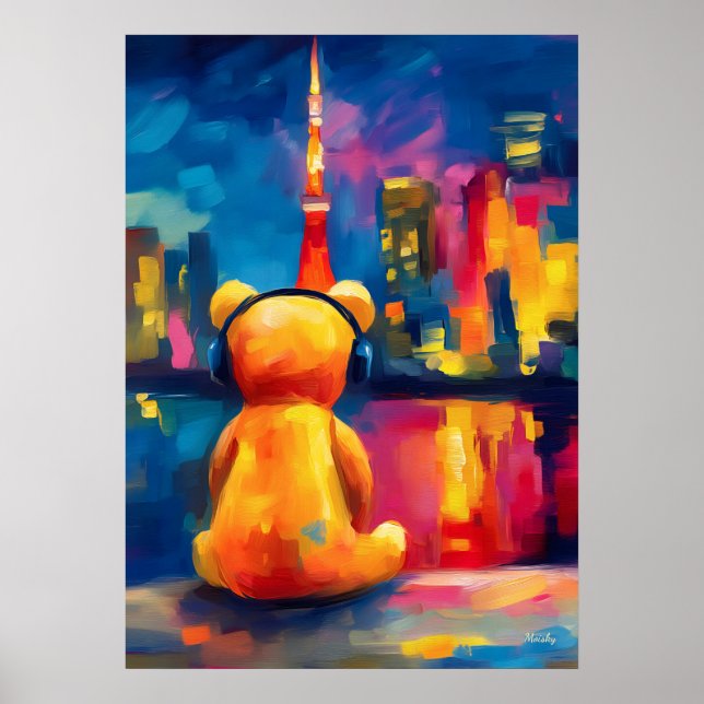Poster Tokyo Teddy Neon Skyline Night Reflection (Devant)