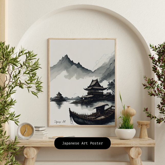 Poster Tons muets du Japon : dévoiler la beauté de l'encr (Captivating Japanism ink painting muted colors poster, skilled artist meticulously blend traditional)