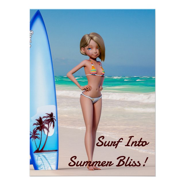 Poster Toon Surfer Girl Posing sur le bord de mer (Devant)