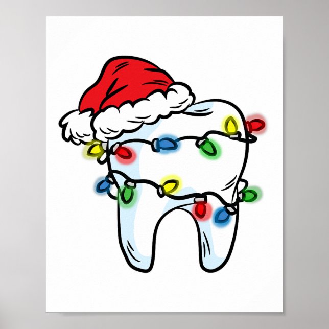 Poster Tooth Christmas Light Santa Hat Dentist Dental Hyg (Devant)