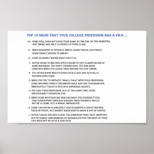 Poster Top 10 signe votre professeur a un doctorat. (Devant)