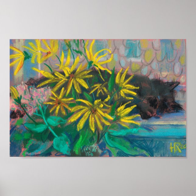 Poster Topinambour Dreams Chat Noir Fleurs Jaunes Pastel (Devant)