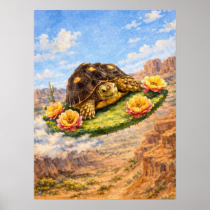 Poster Tortue à l'aquarelle volant sur un coussin de cact