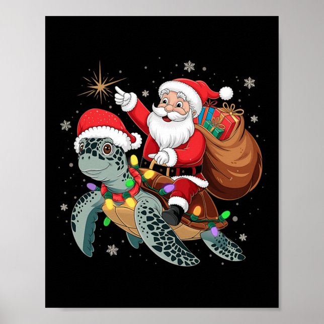 Poster Tortue amusante Noël Père Noël équitation Tortue d (Devant)