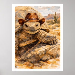 Poster Tortue cow-boy aquarelle dans le désert