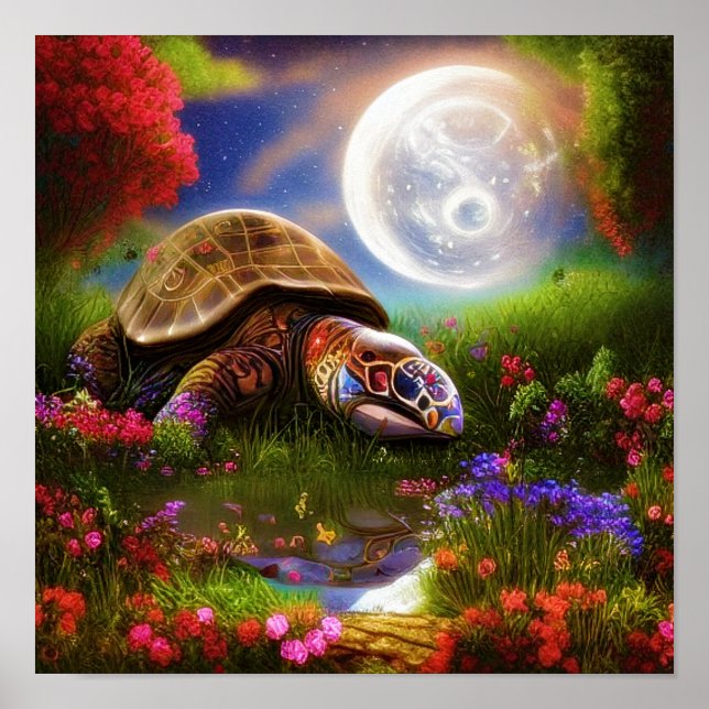 Poster Tortue de fantaisie et lune    (Devant)