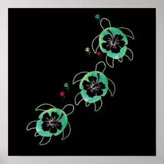 Poster Tortue de mer artistique Hibiscus murale de fleurs
