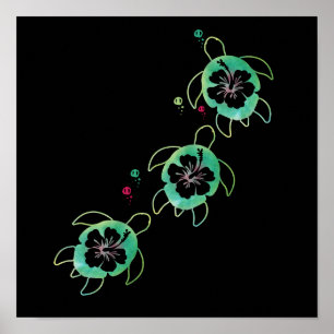 Poster Tortue de mer artistique Hibiscus murale de fleurs