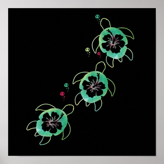 Poster Tortue de mer artistique Hibiscus murale de fleurs (Devant)