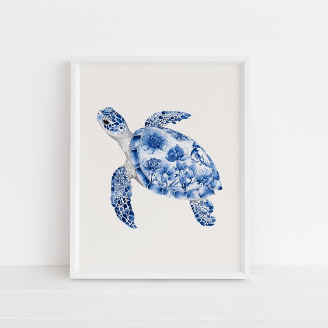 Poster Tortue de mer - Bleu côtier sur le beige (Swimming Sea Turtle – Coastal Blue on Beige Poster in a white frame on the floor)