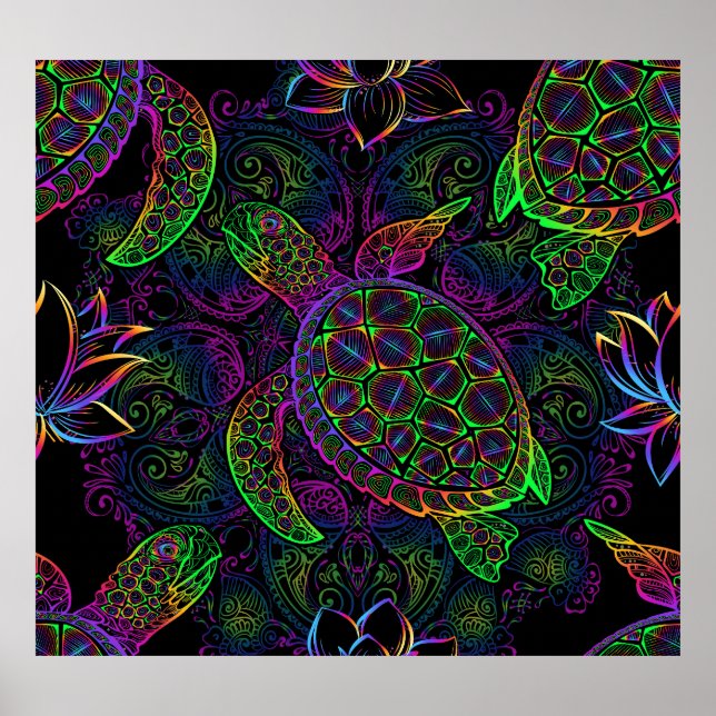 Poster Tortue de mer Boho : Motif psychédélique mandala (Devant)