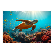 Tortue de mer et de nombreux petits poissons sous