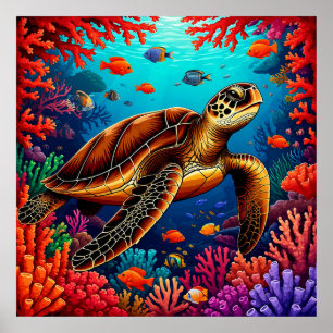 Poster Tortue de mer et récif de corail vibrant