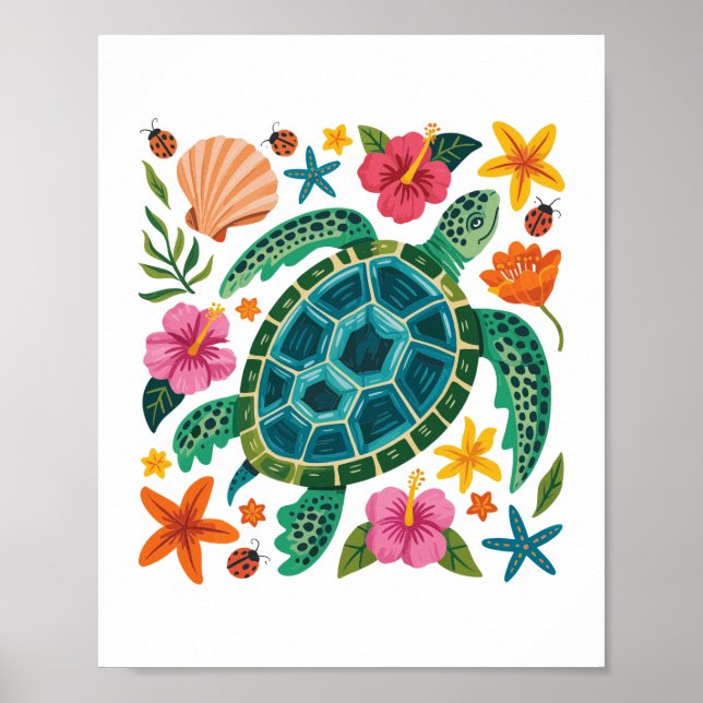 Poster Tortue de mer florale Boho (Devant)