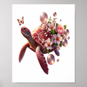 Poster Tortue de mer Florale Boho, Fleur rose