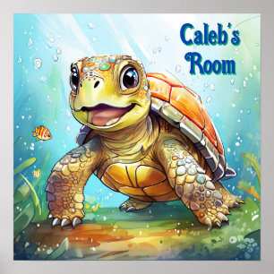 Poster Tortue de mer mignonne dans un dessin animé de l'o