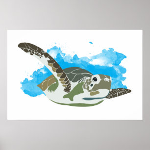 Poster Tortue de mer nageant dans un design aquarelle