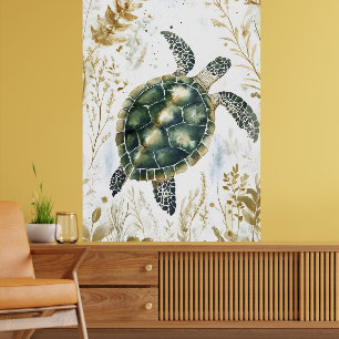 Poster tortue de mer nageant entourée de motifs floraux.