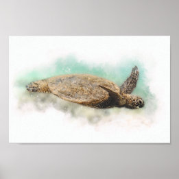 Poster Tortue de mer verte hawaïenne - Aquarelle de tortu
