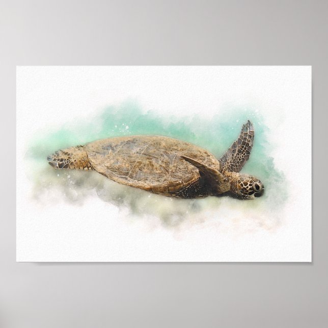 Poster Tortue de mer verte hawaïenne - Aquarelle de tortu (Devant)