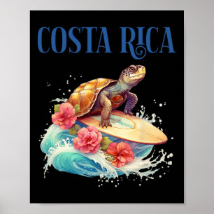 Poster Tortue de plage de surf souriante Fleurs tropicale
