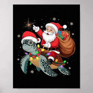 Poster Tortue drôle de Noël Santa à cheval sur une tortue