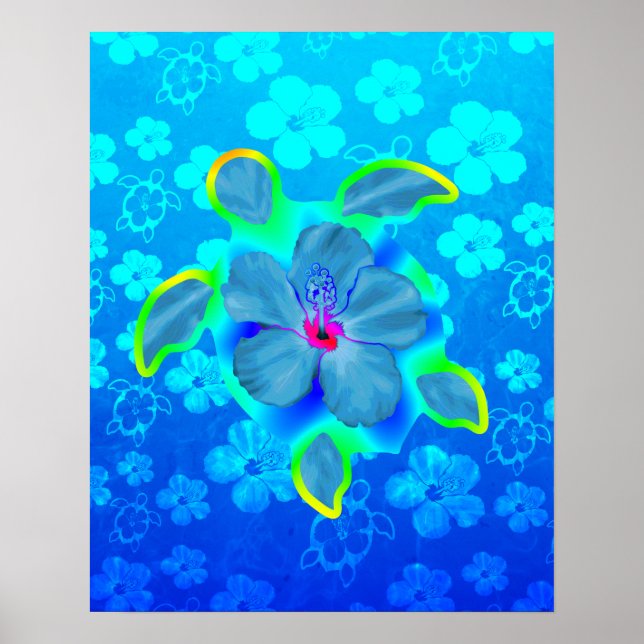 Poster Tortue luth tropicale et Hibiscus (Devant)