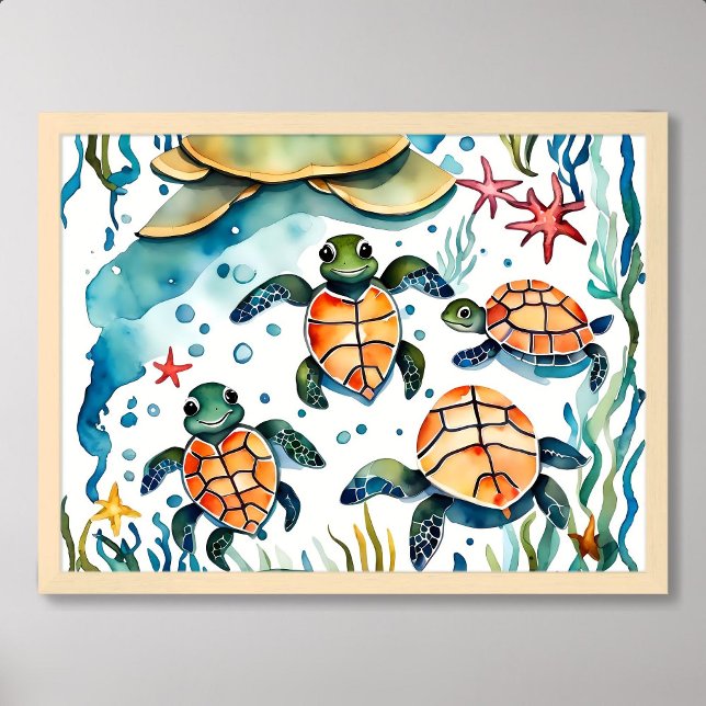 Poster tortue peindre petit mignon algue étoile de mer oc (turtle painting little cute seaweed starfish ocean)