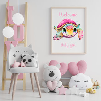 POSTER TORTUE ROSE BIENVENUE BÉBÉ FILLE