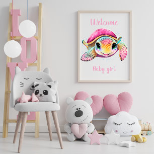 POSTER TORTUE ROSE BIENVENUE PETITE FILLE