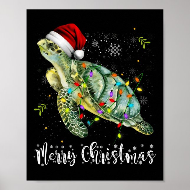 Poster Tortue Santa Hat Joyeux Noël Lumières Noël Fêtes (Devant)