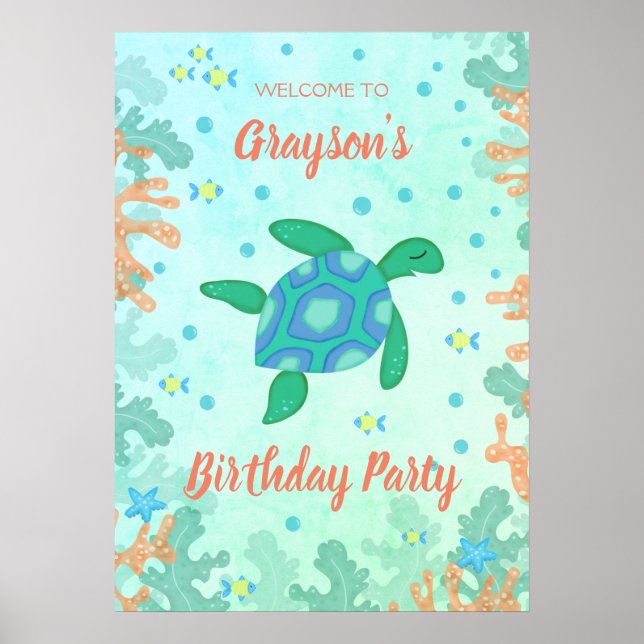 Poster Tortue sous la mer fête d'anniversaire (Devant)