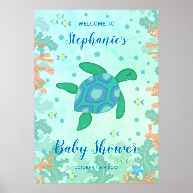 Poster Tortue Sous Le Baby shower Marin (Devant)