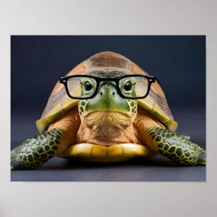 Poster Tortue verte adorable avec lunettes