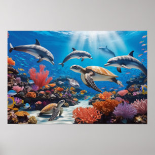 Poster Tortues de mer et dauphins dans un jardin de corai