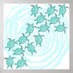 Poster Tortues de mer turquoises d'aquarelle sur les
