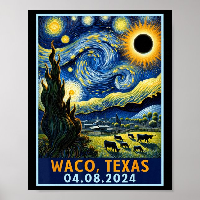 Poster Total Solar Eclipse 2024 Waco Texas Van Gogh Starr (Devant)
