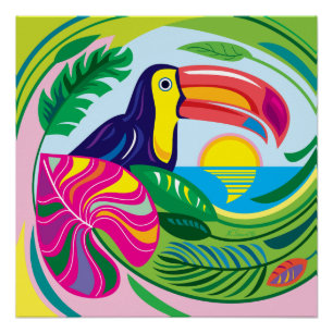 Poster Toucan et feuilles tropicales