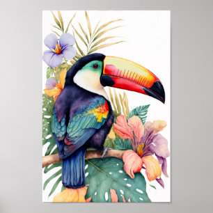 Poster Toucan wall art with tropical flowers print