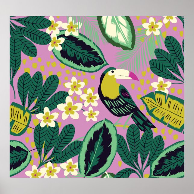 Poster Toucanes tropicales : Motif de fleurs (Devant)