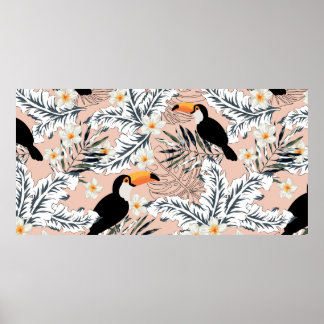Poster Toucans, feuilles de palmiers graphiques, fleurs d