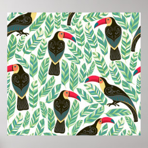 Poster Toucans, feuilles tropicaux, motif décoratif.