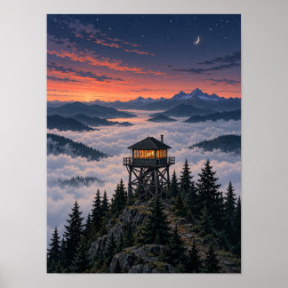 Poster Tour de guet du crépuscule au-dessus du brouillard
