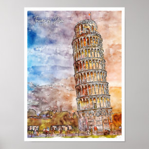 Poster Tour de Pise Italie aquarelle vintage de voyage