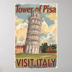 Poster Tour de Pise Italie Art de voyage peint Vintage